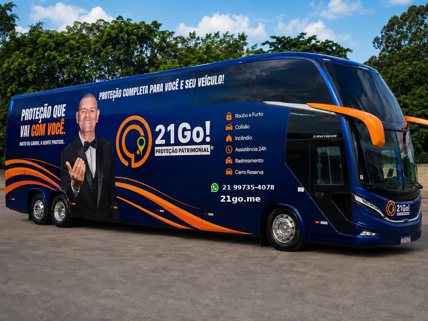 Ônibus com adesivo da 21Go! Proteção Veicular, exemplo de proteção que vai com você pelo Rio de Janeiro